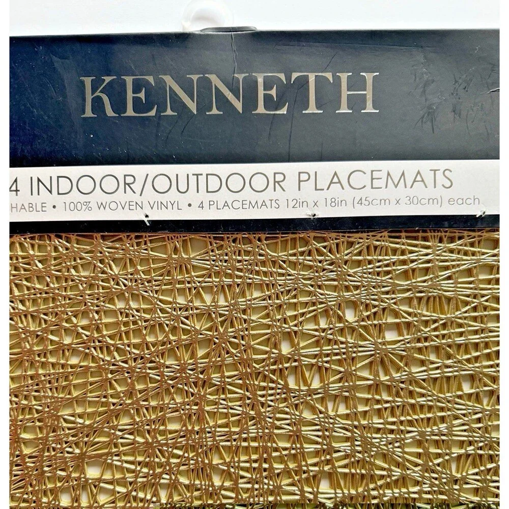 Kenneth Metallic Gold Open Weave Vinyl Placemats 12x18 Set of 4 Wipe Clean